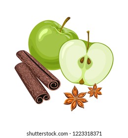 Apple whole and half, cinnamon sticks, star anise isolated on white background. Vector illustration of fruits and spices in simple flat cartoon style.
