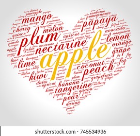 Apple. Word cloud in shape of heart, italic font, grey gradient background. Fruit.