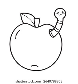 Apple with worm coloring page, simple hand drawn outline drawing, object for educational workbook, for kids, vector illustration 