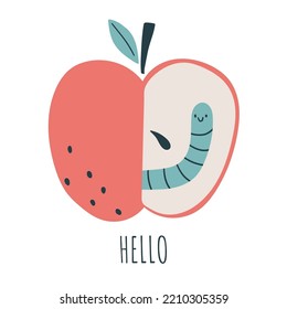 Apple con gusano. Pequeños insectos de dibujos animados. Residuos orgánicos, ecología, basura cero, concepto de basura cero, vida ecológica. Aislado sobre fondo blanco