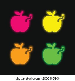 Apple con gusano icono de vector de neón brillante de cuatro colores