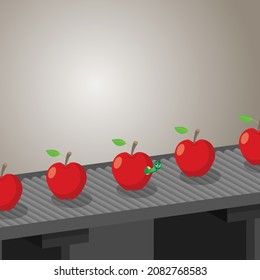 apple with worm in group of red apples on conveyor belt, vector illustration 