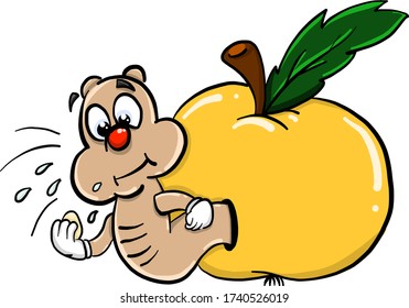 Apple with worm , illustration, vector on white background