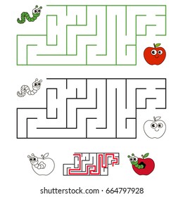 Apple and Worm Pest, the labyrinth simple horizontal maze for nerdy children. Search hidden way, the educational game for kids.