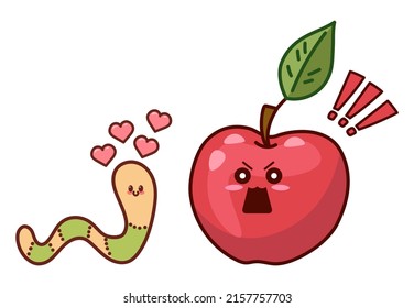 Apple and worm. Toxic love. Funny vector illustration isolated on white background. 