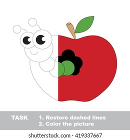 The apple worm in vector colorful to be traced. Restore dashed line and color the picture. Visual game for children. Worksheet to be colored.