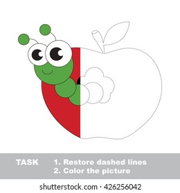 Apple worm in vector colorful to be traced. Restore dashed line and color the picture. Visual game for children. The easy level. Worksheet to be colored.