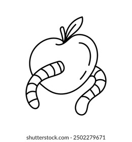 Manzana con un gusano. Ilustración vectorial en estilo doodle