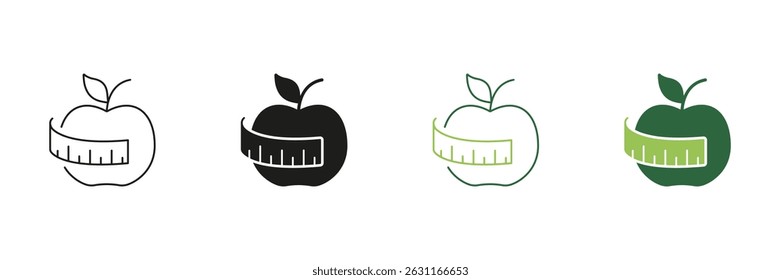 Apple Wrapped With Measuring Tape Line and Silhouette Icon Set. Weight Control And Diet Fitness For Healthy Eating Icon. Editable Stroke. Isolated Vector Illustration.