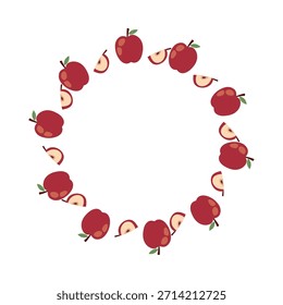 Marco de corona de manzana con manzanas rojas y rebanadas de Ilustración vectorial plana