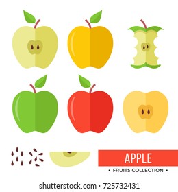 Apple. Yellow, green, red whole apples and parts, slices, seeds, leaves, core. Set of fruits. Flat design graphic elements. Vector illustration isolated on white background