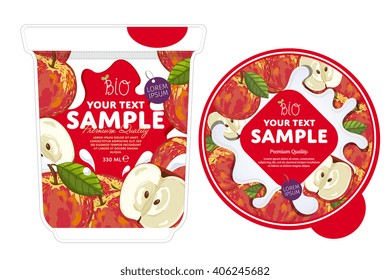 Apple yogurt package design with yogurt splash isolated on white background. Packaging design template of fruit yogurt container. Apple yogurt cup design layout.