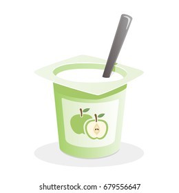 Apple yogurt with spoon inside on white background