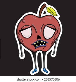 Apple zombie fruit character. Hand drawn
