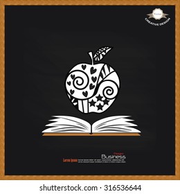 apple.doodle apple with open book on chalkboard.art apple.vector illustration