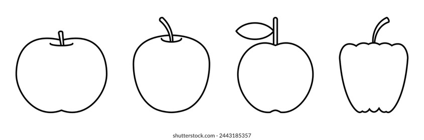 Apple-fruits. Thin line vector icon set. Editable stroke. Four apple-fruits of different shapes isolated on a white background. Vector sign collection.