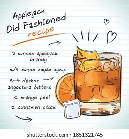 Applejack Old Fashioned Cocktail, Vector Sketch Hand Drawn Illustration, Fresh Summer Alcoholic Drink With Recipe And Fruits
