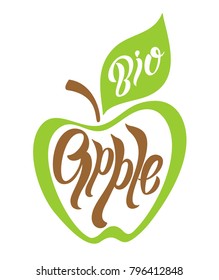 Apple.Lettering.Calligraphy. Fruit.  Bio. Healthy eating. Vector illustration.