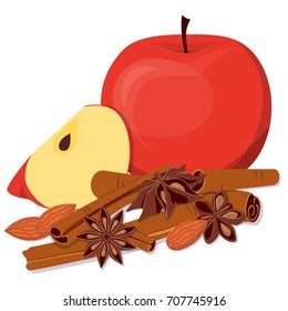 Apples, almond and fragrant spices. Flat vector illustration