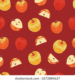 Maçãs e fatias de maçã padrão sem costura no fundo vermelho. Ilustração de fruto desenhado à mão. Alimentação saudável e conceito de colheita