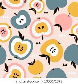 Apples background. Hand drawn overlapping backdrop. Colorful wallpaper vector. Seamless pattern with fruits collection. Decorative illustration, good for printing. Design poster