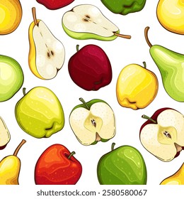 Apples Background. Seamless Pattern with fresh fruits. Seamless pattern with apples. Food Pattern. Fruits Background. Mixed fruits Pattern. Kitchen vibrant design. Hand drawn vector illustration