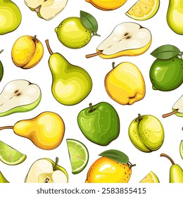 Apples Background. Seamless Pattern with fresh fruits. Seamless pattern with apples. Food Pattern. Fruits Background. Mixed fruits Pattern. Kitchen vibrant design. Hand drawn vector illustration