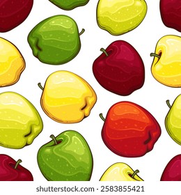 Apples Background. Seamless Pattern with fresh fruits. Seamless pattern with apples. Food Pattern. Fruits Background. Mixed fruits Pattern. Kitchen vibrant design. Hand drawn vector illustration