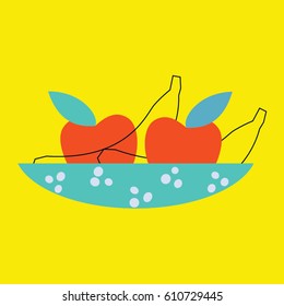 Apples and bananas dish. Vector illustration