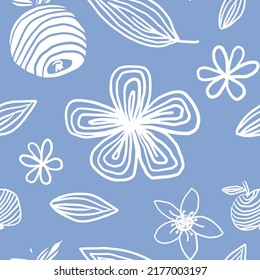 Äpfel blühen und Blätter hübsch kreative Hand gezeichnet nahtlose Muster. Doodle Eco Frucht endlose Vektorgrafik. Verpackung, Umhüllungspapier, Blumenkonzept aus Spinnstoffen 