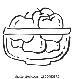 Apples in bowl, hand drawn fruit bowl doodle icon