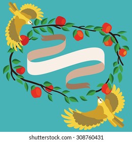 Apples and branch wreath with two flying yellow birds and ribbon illustration