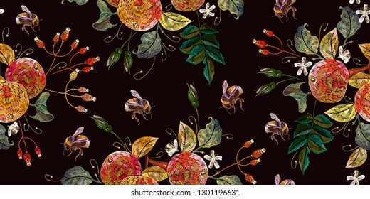 Apples and bumblebee seamless pattern. Fashion spring nature template for clothes, textiles, t-shirt design. Blossoming apple-tree art 