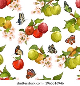Apples and butterflies in a vector pattern. Multi-colored apples on branches and butterflies on a white background in a colored pattern.