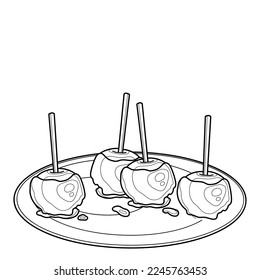 Manzanas en caramelo. Imagen vectorial en blanco y negro. Colores.