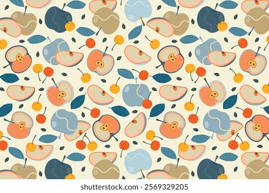 Apples and cherry fruit abstract design seamless repeat pattern