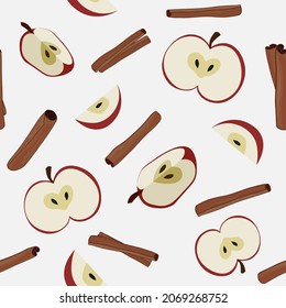 Apples and cinnamon sticks seamless pattern, Christmas repeat pattern, apple pie ingredients scattered on a white background