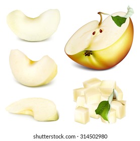 Apples. Collection of vector illustrations: half cut apple, apple slices and diced apple. 