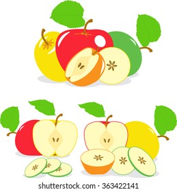 Apples. Colorful apples slices, collection of vector illustrations on a transparent background