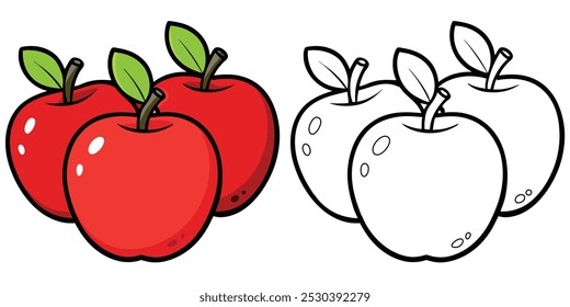 Páginas De Coloração De Maçãs Para Crianças. Livro de colorir de frutas de maçã imprimível. Ícone Maçãs. Design de vetor de ilustração de maçãs vermelhas em fundo branco