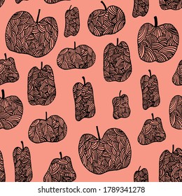 Apples with curves inside them, seamless pink pattern