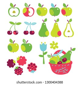 Apples, cut apple, pears, cut pear, cherries, raspberries, fruit basket, flower, leaves. 