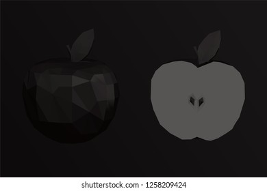 Apples. Dark Set of Whole and Half Apple on Black Background. Low Poly Vector 3D Rendering