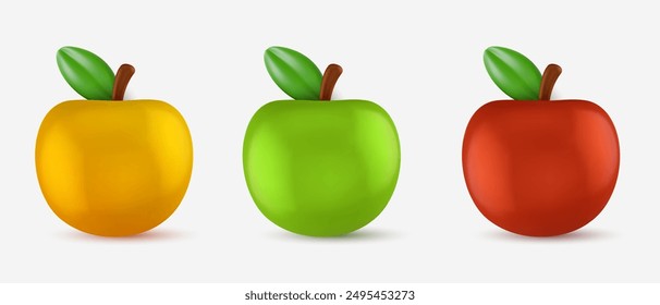 Apples different colors with green leaf. Vector 3d illustration. Realistic cartoon fruit in bright glossy style.