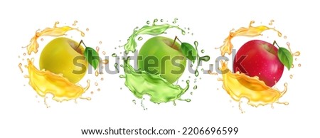 Apples of different colors in juice splash. Red, green, yellow apple fruits drink. Realistic beverage splashes vector set