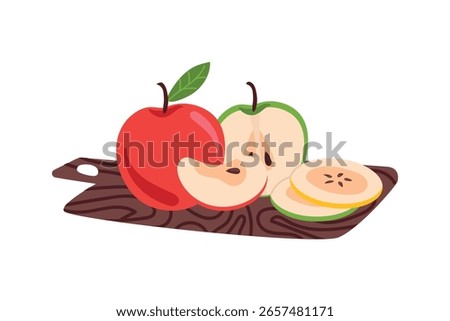 Apples of different colors on a cutting board. Apple harvest, apple dishes