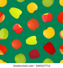 Apples Different Varieties Seamless Pattern Background on a Green Fruit Set Include of Fuji, Cox, Braeburn, Royal Gala and Honeycrisp . Vector illustration of Apple
