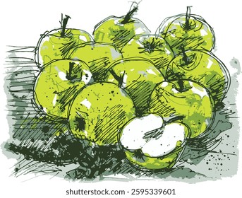Apples drawing. Green apples on the table, watercolor painting. Watercolor on paper texture. Texture of watercolor painting.
