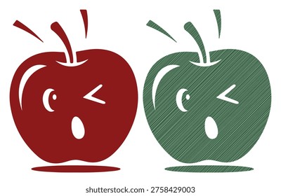 Apples with faces, winking, surprised expression, fruit characters, fun food, cute illustration.
