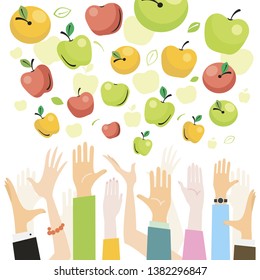 Apples fall from the sky and people pull hands to them